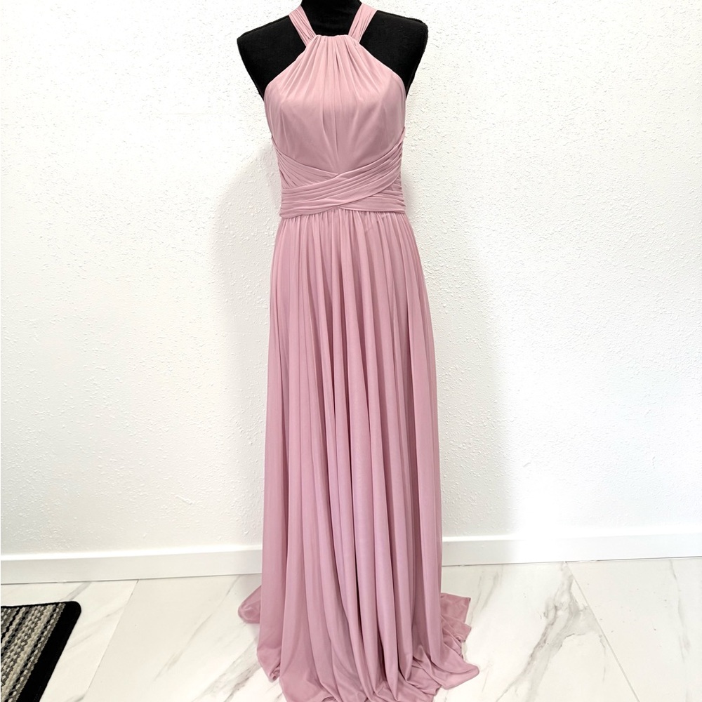 David's Bridal‎ high neck mesh bridesmaid Blush Halter Maxi Dress 6
